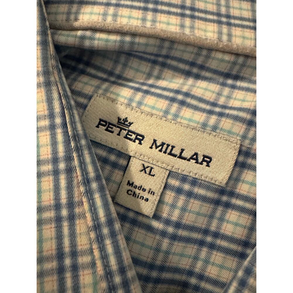 Peter Millar Men's XL Blue White Checkered Button-Down Shirt Cotton Silk Blend‎ - Picture 4 of 5